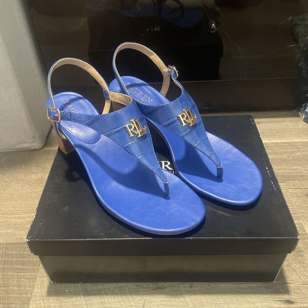 Lauren Ralph Lauren Westcott II Blue Croc Embossed Heeled Sandals Womens Size 9B
